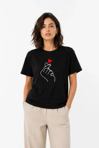 Kore Parmak Kalp Aşk Temalı Minimal Baskılı Tişört Yazlık Kısa Kol T-Shirt - Siyah - XL - Siyah