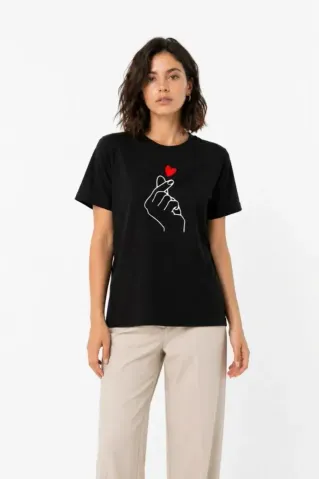 Kore Parmak Kalp Aşk Temalı Minimal Baskılı Tişört Yazlık Kısa Kol T-Shirt - Siyah - XL - Siyah