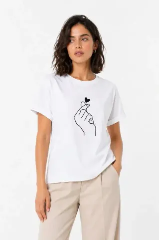 Kore Parmak Kalp Aşk Temalı Minimal Baskılı Tişört Yazlık Kısa Kol T-Shirt - Beyaz - S - Beyaz