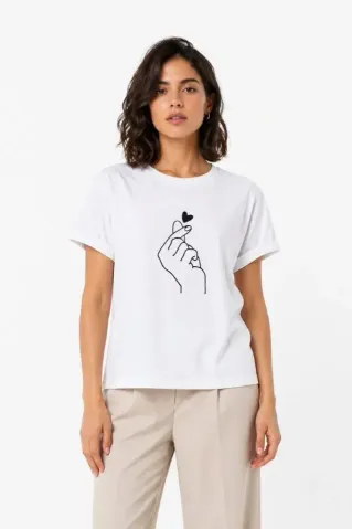 Kore Parmak Kalp Aşk Temalı Minimal Baskılı Tişört Yazlık Kısa Kol T-Shirt - Beyaz - M - Beyaz
