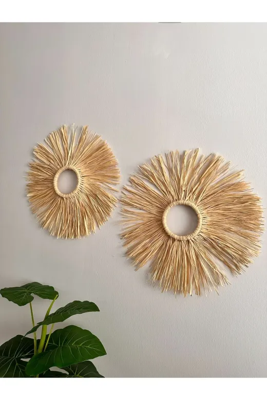 Korfam Home Design BK401K El Yapımı Dekoratif Bohem 2'li Doğal Rafya Duvar Süsü