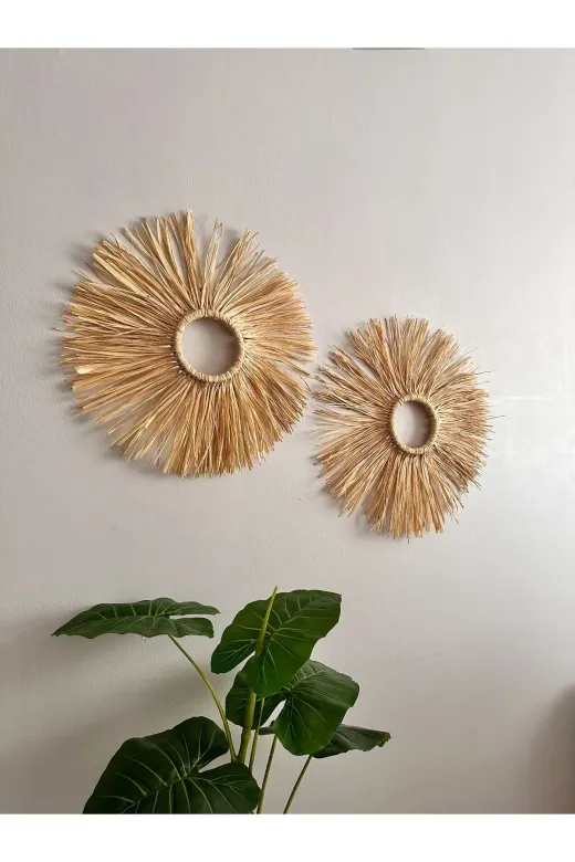 Korfam Home Design BK401K El Yapımı Dekoratif Bohem 2'li Doğal Rafya Duvar Süsü