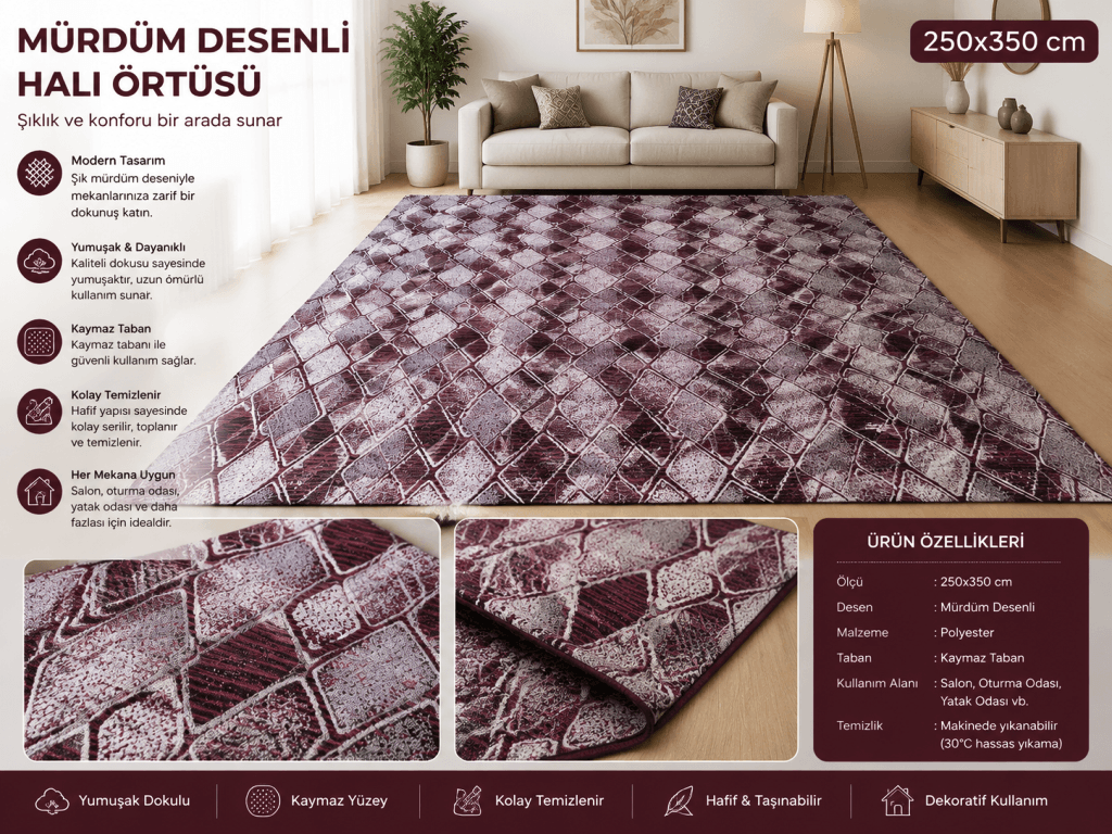 korkmaz mensucat lastiksiz halı örtüsü 9m2  (250*350) M1 Bordo