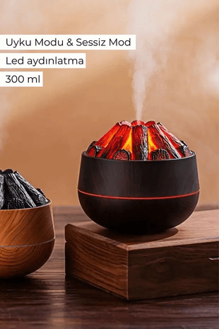 Koyu Kahve Odun Ateşi Efekli 300Ml Sessiz Ultrasonik Hava Nemlendirici - Siyah