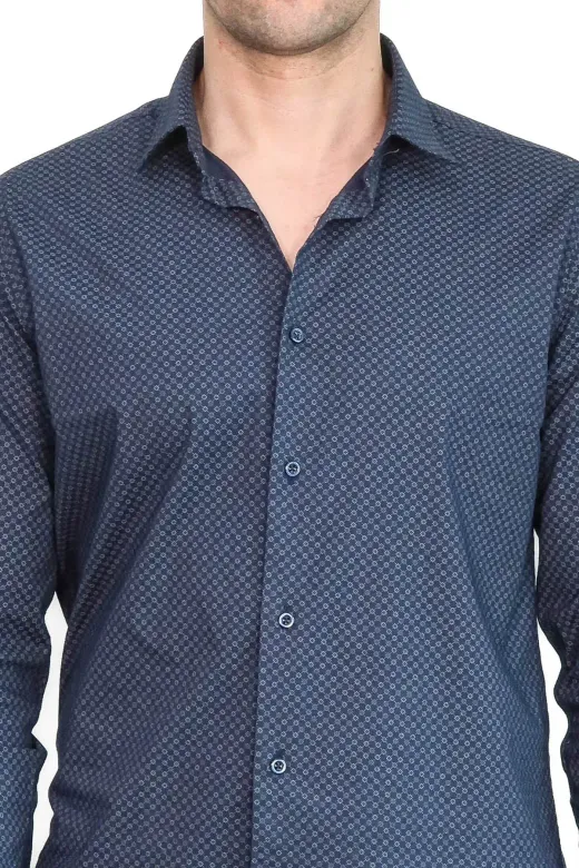 Koyu Lacivert Mini Kare Desenli Slim Fit Gömlek - Wessi - L / Lacivert