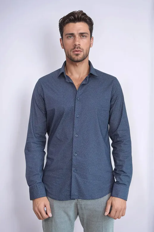 Koyu Lacivert Mini Kare Desenli Slim Fit Gömlek - Wessi - L / Lacivert