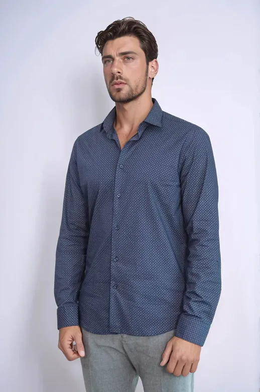 Koyu Lacivert Mini Kare Desenli Slim Fit Gömlek - Wessi - XL / Lacivert
