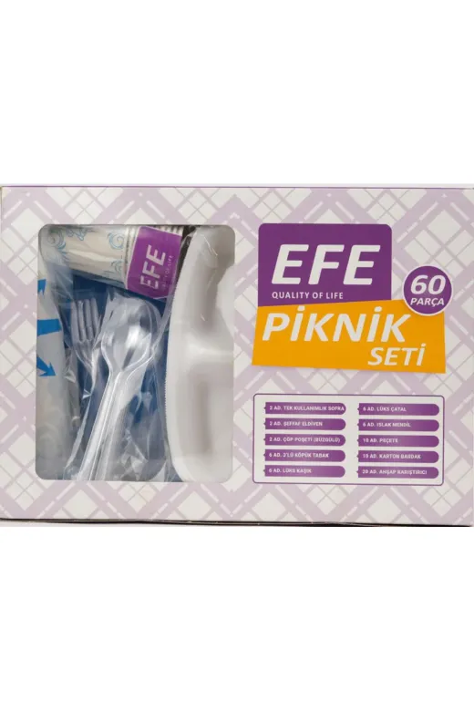 Koza End EKOPİKNİKSETİ01 Efe Piknik 60 Parça Seti Köpük,bardak,karıştırıcı,kaşık,çatal,peçete,eldiven,bez,eldiven,ıslak,çöp