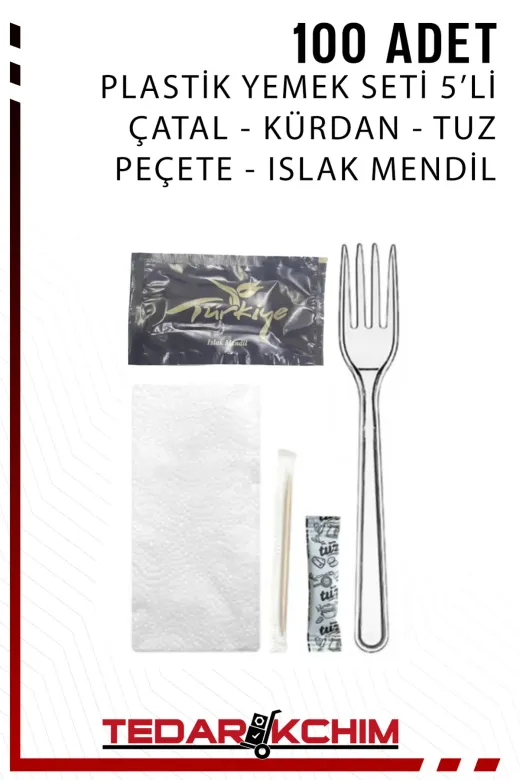 Koza End TEDYEM03 Lüks Plastik Yemek Seti Tek Kullanımlık Piknik Seti 5Li Kullan At Tekli Ambalajlı (100 Adet) Çatal
