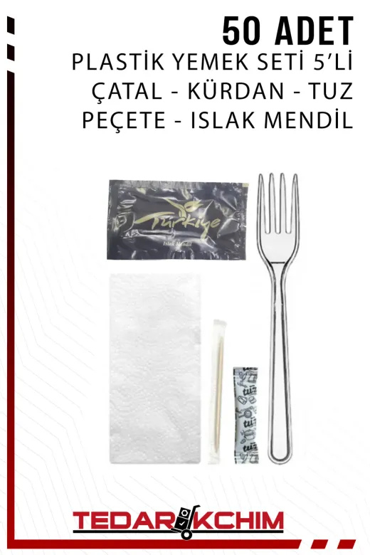 Koza End TEDYEM04 Lüks Plastik Yemek Seti Tek Kullanımlık Piknik Seti 5Li Kullan At Tekli Ambalajlı (50 Adet) Çatal