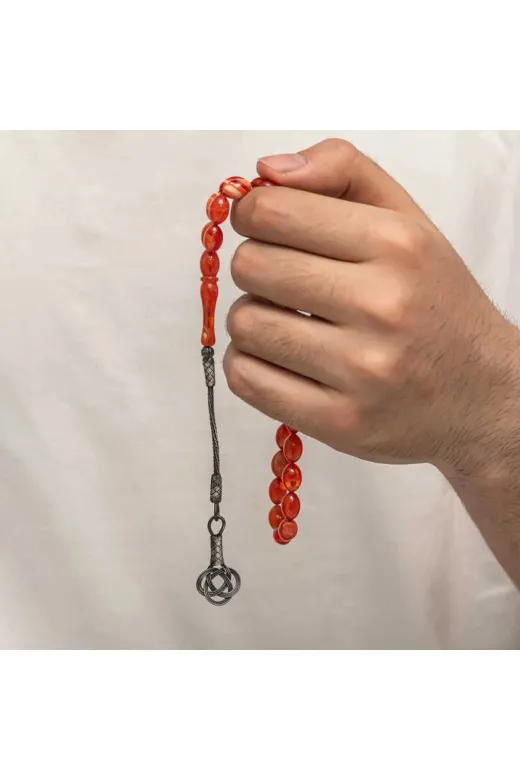 Kozadan T8940 Gümüş Kazaz Püsküllü Sıkma Kehribar Tesbih