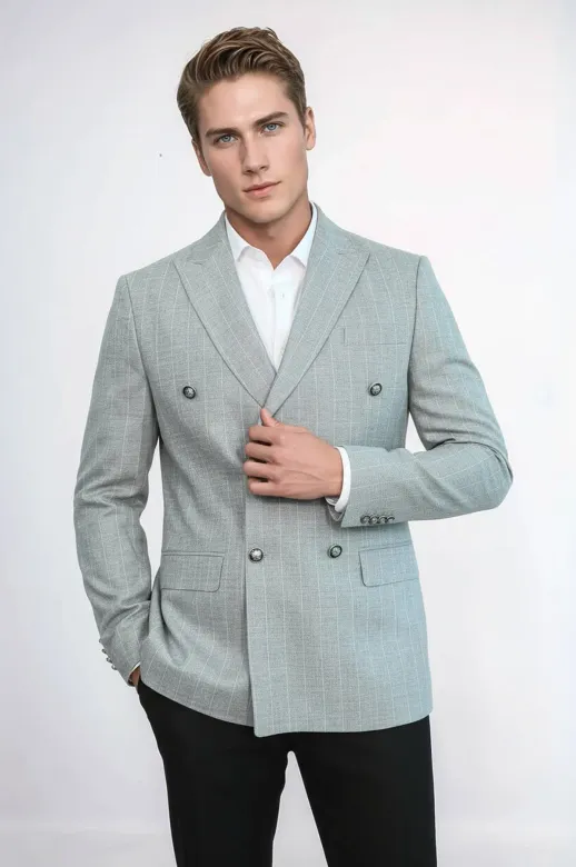 Kruvaze Slim Fit Çizgili Gri Erkek Ceket - Wessi