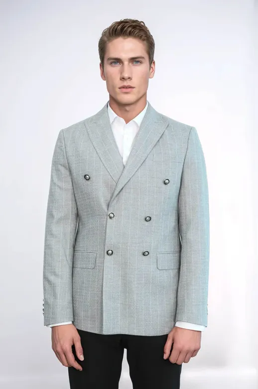 Kruvaze Slim Fit Çizgili Gri Erkek Ceket - Wessi