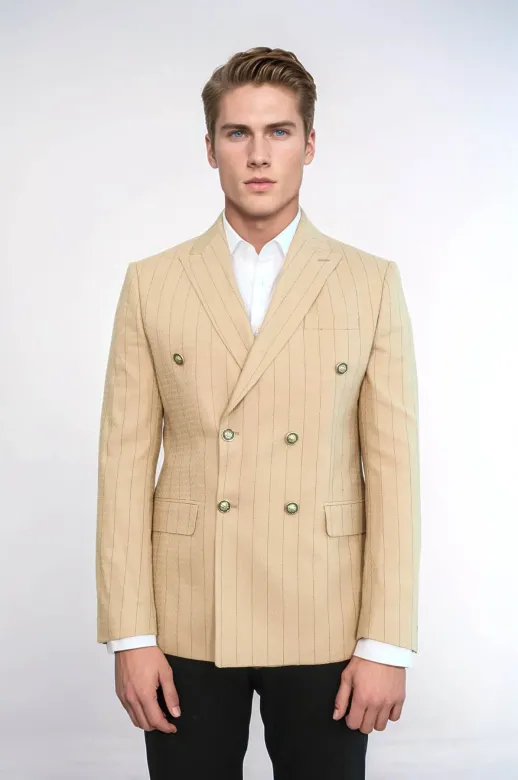 Kruvaze Slim Fit Çizgili Krem Erkek Ceket - Wessi