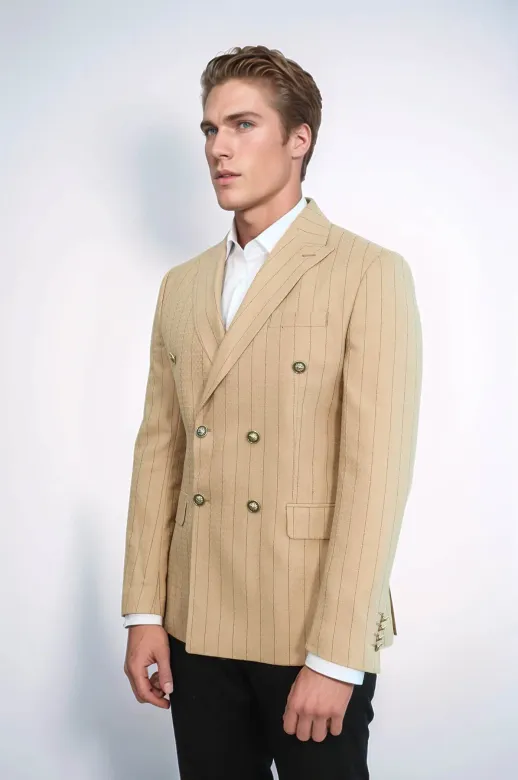 Kruvaze Slim Fit Çizgili Krem Erkek Ceket - Wessi