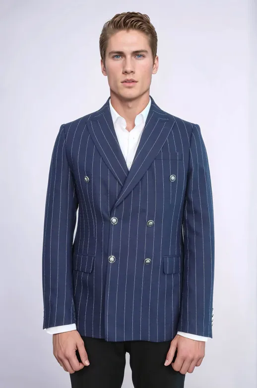 Kruvaze Slim Fit Çizgili Lacivert Erkek Ceket - Wessi