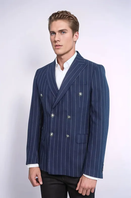 Kruvaze Slim Fit Çizgili Lacivert Erkek Ceket - Wessi