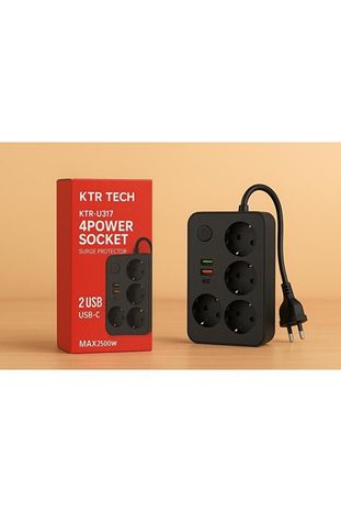 KTR TECH 5648645641 Termal Akım Korumalı 2 Metre 4 Priz 2 Usb 1 Type-C Girişli 2.4A Kablolu Dörtlü Priz