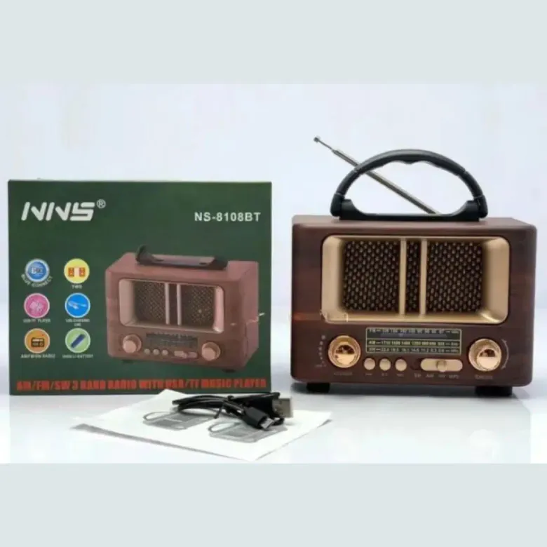 Küçük Mini Boy Retro Ahşap Tasarım Bluetooth Hoparlörlü Radyo – FM/AM Destekli, Şarjlı ve Taşınabilir Radyo NS-8108 (4745)