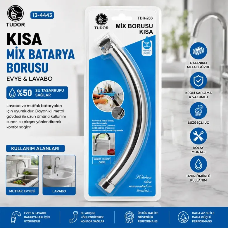 Kuğu Evye - Lavabo Kısa x Batarya Borusu Krom Kaplama - Vakumlu - Süzgeçli Uç