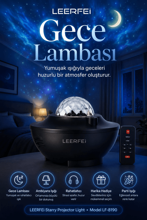 Kumandalı Galaksi Yıldız Projektör Gece Lambası FM Radyolu Parti Işığı Özellikli