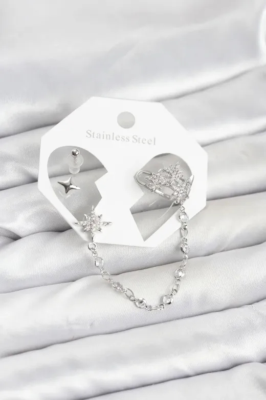 Kutup Yıldızı Model Pirinç Gümüş Renk Zincir Bağlantılı Ear Cuff Küpe Seti TJ-BKP11551