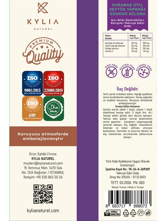 Kylia Karabaş Otu, Zeytin Yaprağı Ve Ginkgo Ekstraktı 250 Ml