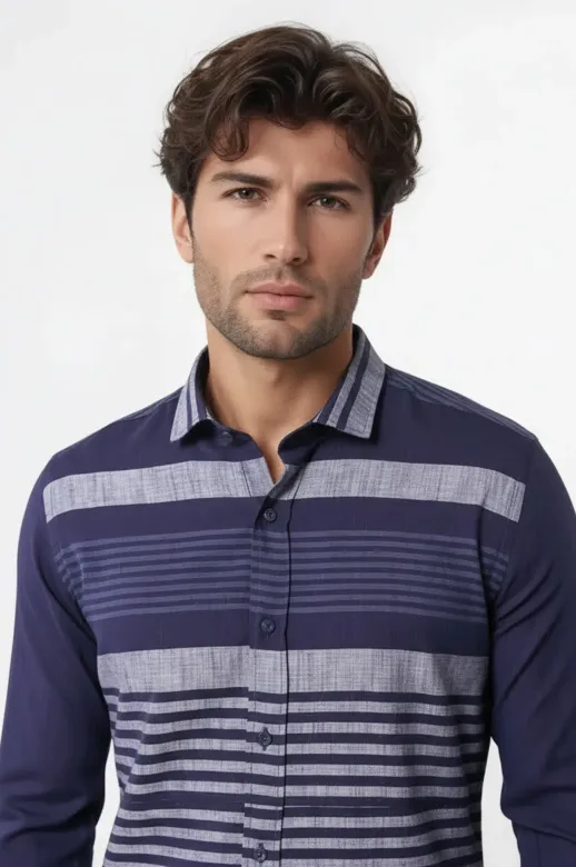 Lacivert Çizgili Desenli Gömlek - Wessi - L / Navy Blue