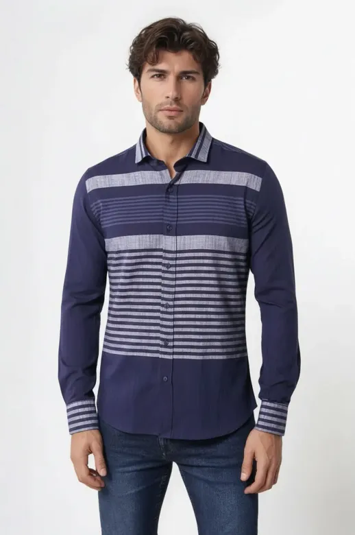 Lacivert Çizgili Desenli Gömlek - Wessi - L / Navy Blue