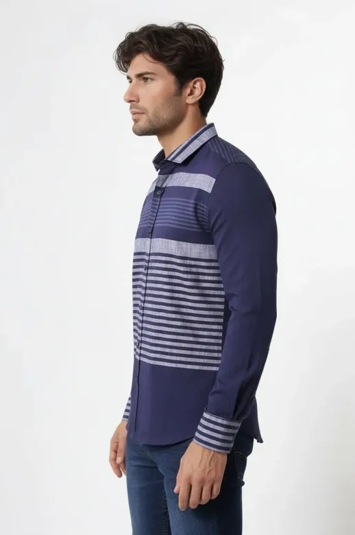 Lacivert Çizgili Desenli Gömlek - Wessi - L / Navy Blue