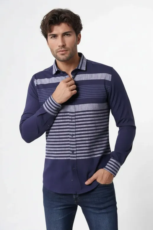 Lacivert Çizgili Desenli Gömlek - Wessi - M / Navy Blue
