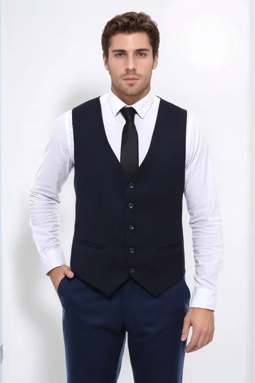 Lacivert Düz Slim Fit Yelek - Wessi