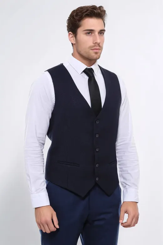 Lacivert Düz Slim Fit Yelek - Wessi