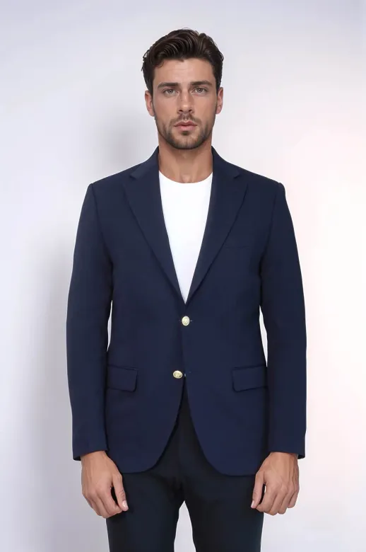 Lacivert Kendinden Desenli Örme Altın Renk Metal Düğmeli Slim Fit Erkek Blazer Ceket - Wessi