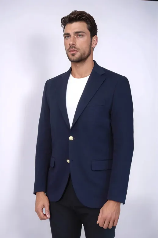Lacivert Kendinden Desenli Örme Altın Renk Metal Düğmeli Slim Fit Erkek Blazer Ceket - Wessi