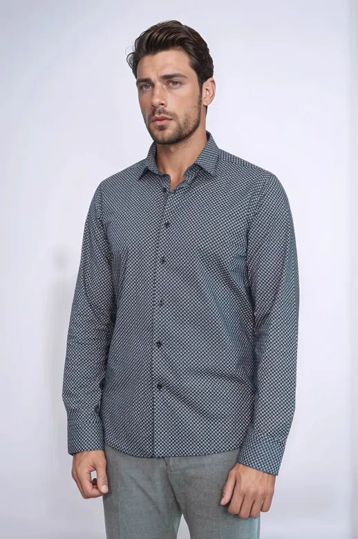 Lacivert Mini Kare Desenli Slim Fit Gömlek - Wessi - L / Koyu Mavi