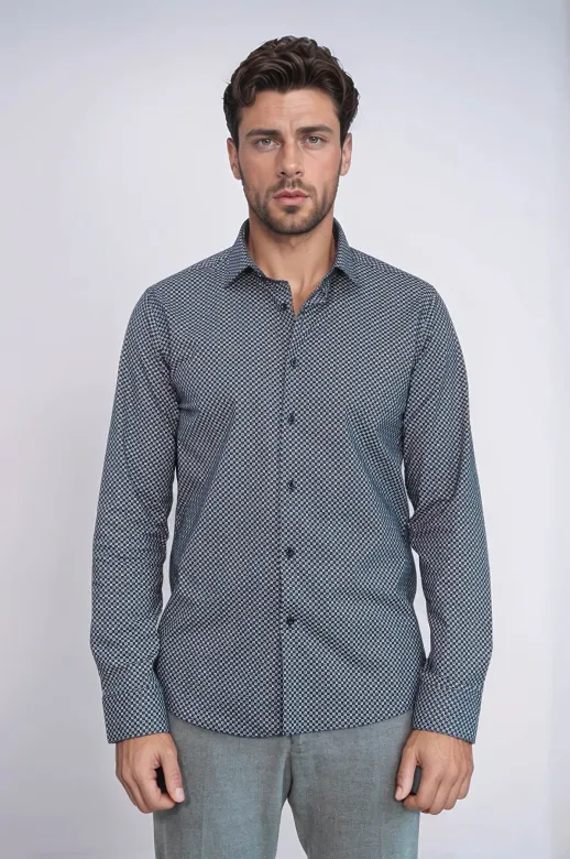 Lacivert Mini Kare Desenli Slim Fit Gömlek - Wessi - L / Koyu Mavi