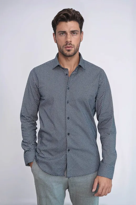Lacivert Mini Kare Desenli Slim Fit Gömlek - Wessi - XXL / Koyu Mavi