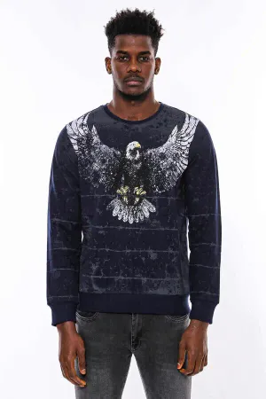 Lacivert Yıkamalı Kartal Baskılı Bisiklet Yaka Sweatshirt | Wessi
