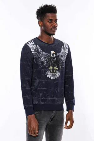 Lacivert Yıkamalı Kartal Baskılı Bisiklet Yaka Sweatshirt | Wessi