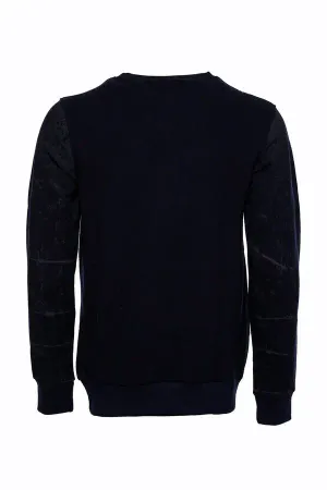 Lacivert Yıkamalı Kartal Baskılı Bisiklet Yaka Sweatshirt | Wessi
