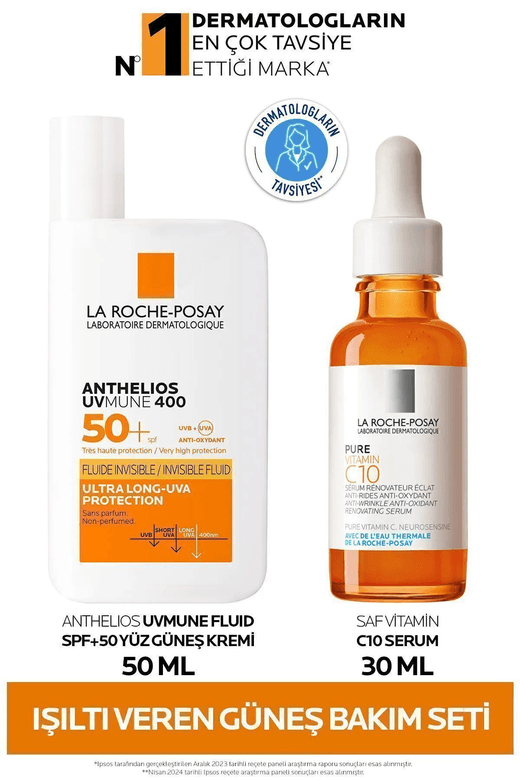 larochesetc La Roche Posay Işıltı Veren Güneş Cilt Bakım Seti: Anthelios Yüz Güneş Kremi Spf50+& Saf Vitamin C 10 Serum 30 Ml