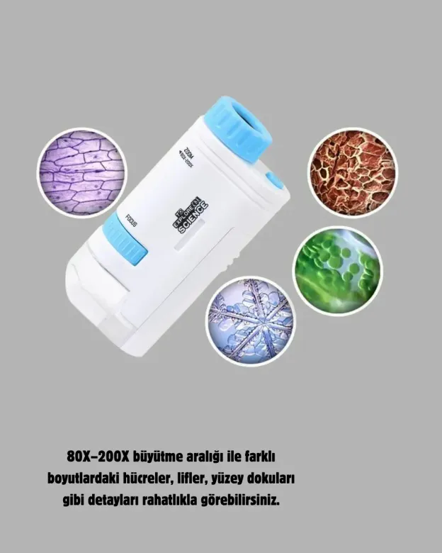 LED Işıklı kroskop 80X–200X Zoom Eğitici Bilim Seti ve Taşınabilir