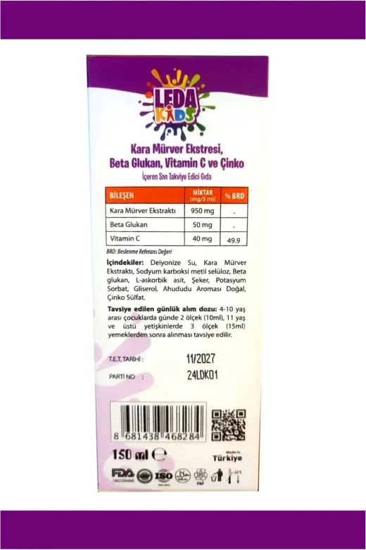 LedaPharma 8681438468284-3 Unisex Kara Mürver Ekstresi C Vitamini Ve Çinko Leda Kids 150 Ml 3 Kutu