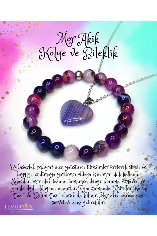 LEMURYANSTONE TYTESMORAKKKLPSET001 Orijinal Doğaltaş Mor Akik Bileklik & Kolye Set