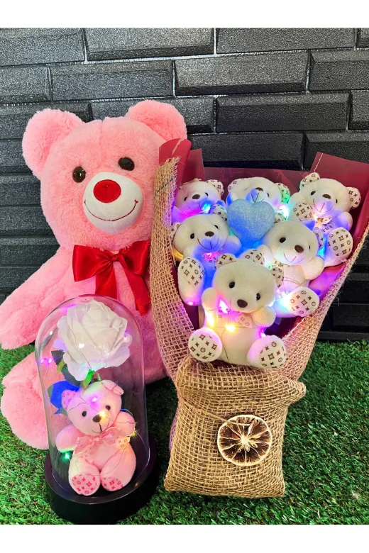 lenostra Ayicik-Buket17 Sevgiliye Hediye Seti 35Cm Pembe Ayıcık - Işıklı Ayıcık Buketi Ve Ayıcıklı Güllü Işıklı Fanus