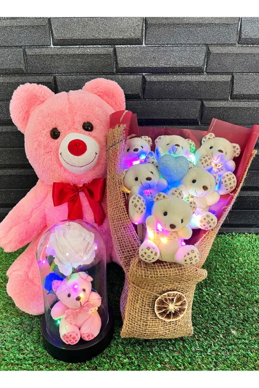 lenostra Ayicik-Buket17 Sevgiliye Hediye Seti 35Cm Pembe Ayıcık - Işıklı Ayıcık Buketi Ve Ayıcıklı Güllü Işıklı Fanus