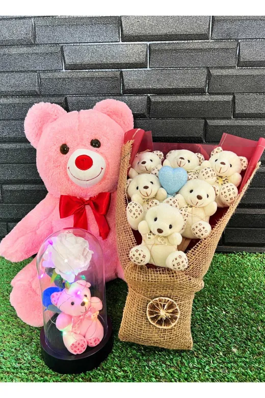 lenostra Ayicik-Buket17 Sevgiliye Hediye Seti 35Cm Pembe Ayıcık - Işıklı Ayıcık Buketi Ve Ayıcıklı Güllü Işıklı Fanus