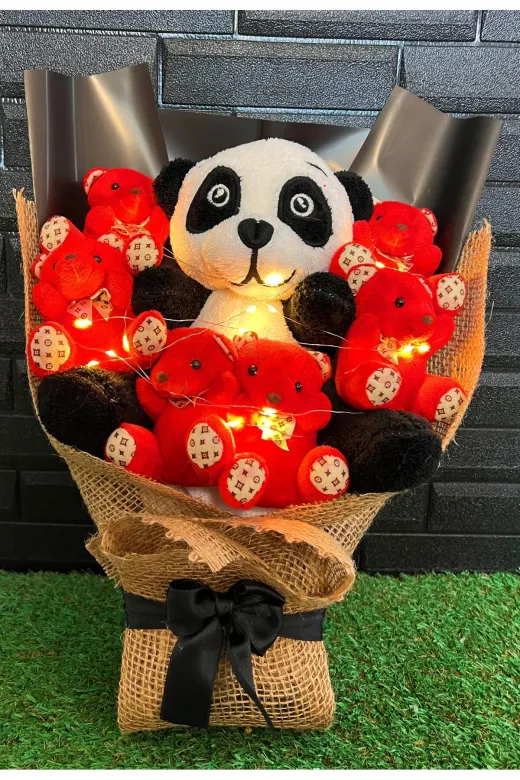 lenostra Ayicik-Buket24 Sevgiliye Hediye Büyük Panda Ayıcıklı Ve Mini Kırmızı Ayıcıklı Işıklı Ayıcık Buketi Sevgililer Gunu