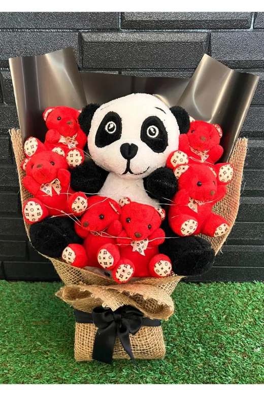 lenostra Ayicik-Buket24 Sevgiliye Hediye Büyük Panda Ayıcıklı Ve Mini Kırmızı Ayıcıklı Işıklı Ayıcık Buketi Sevgililer Gunu